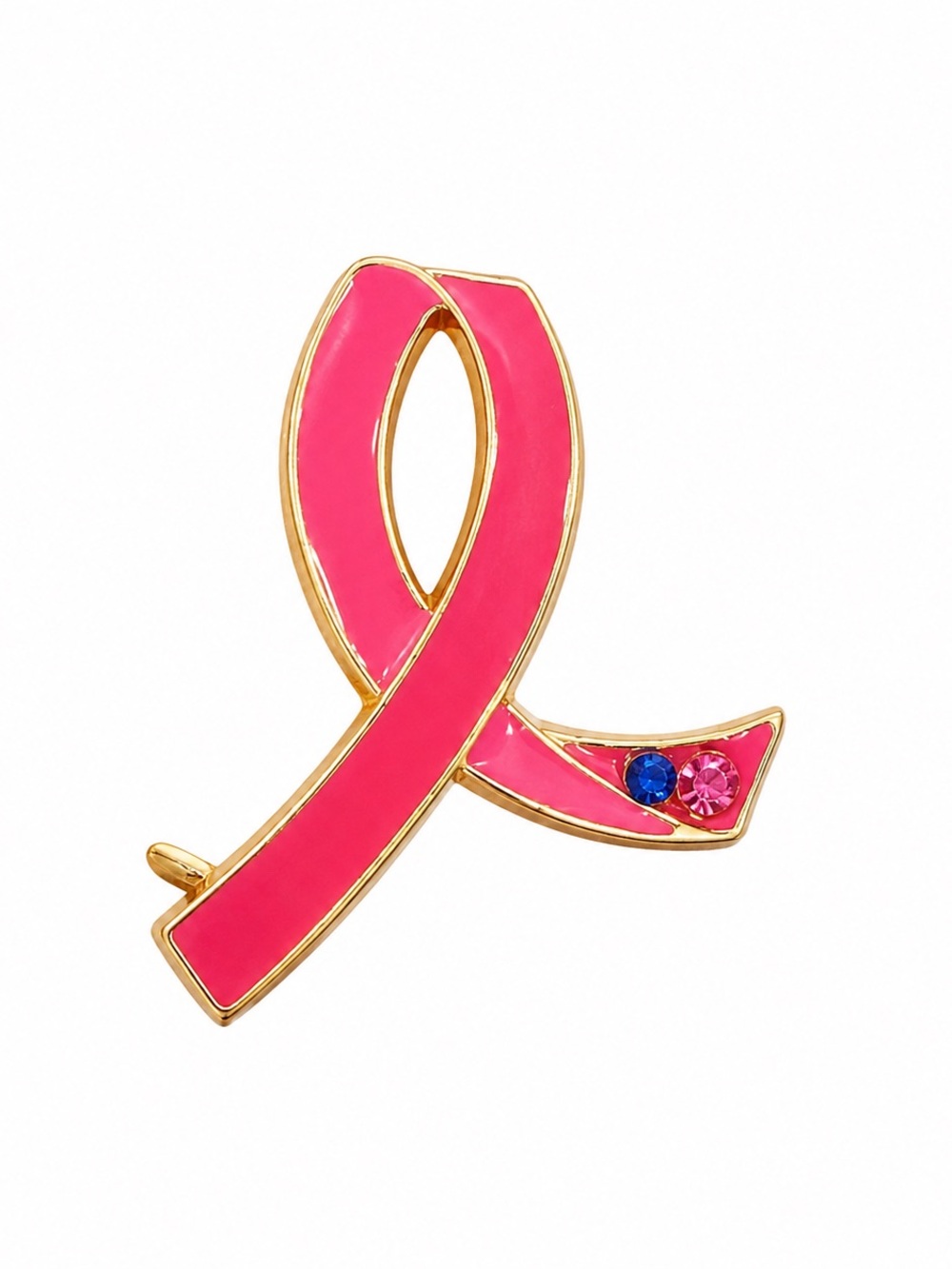 Pink Breast Cancer Awareness Ribbon Gold Tone Enamel Rhinestone Lapel Pin Brooch